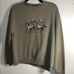 Vintage 80s/90s Forest Green Crewneck Sweater with Embroidered Horse Scene